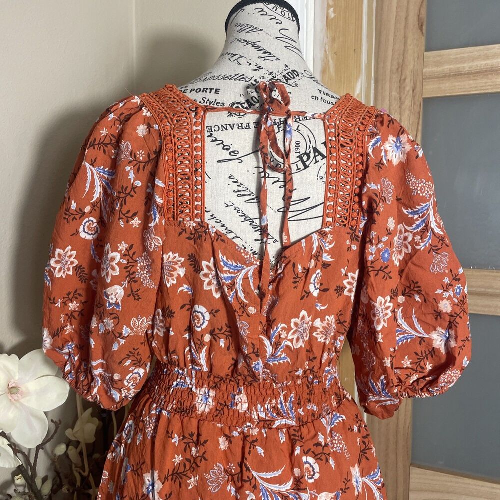 Forever 21 Orange Rust Floral Boho Dress Crochet Neckline Size Medium Short Mini - Picture 6 of 7